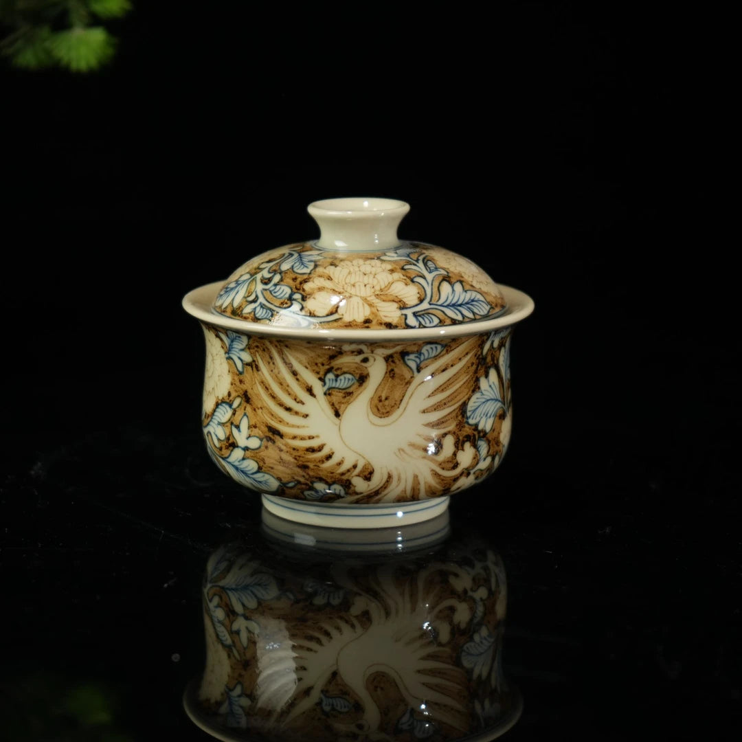 Phoenix Gaiwan tea set with hand-painted blue and gold design, Jingdezhen ceramic tea ware
