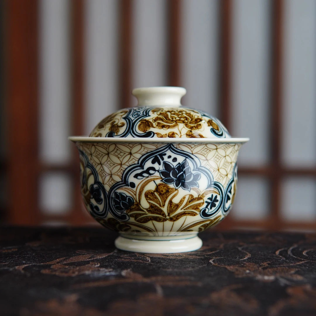 Hand-Painted Underglaze Gold "Copper Coin" Lotus Gaiwan Set 100ml