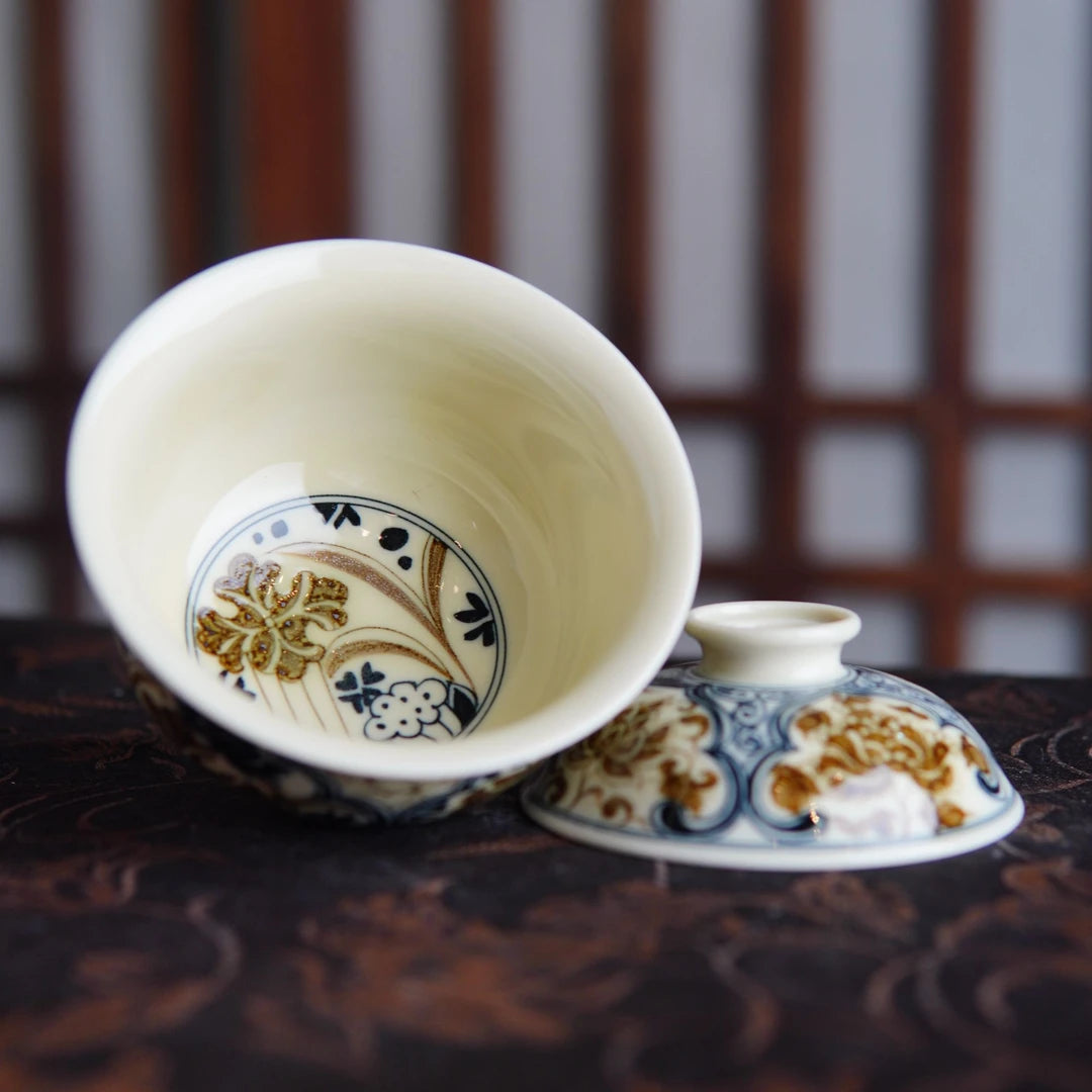 Hand-Painted Underglaze Gold "Copper Coin" Lotus Gaiwan Set 100ml