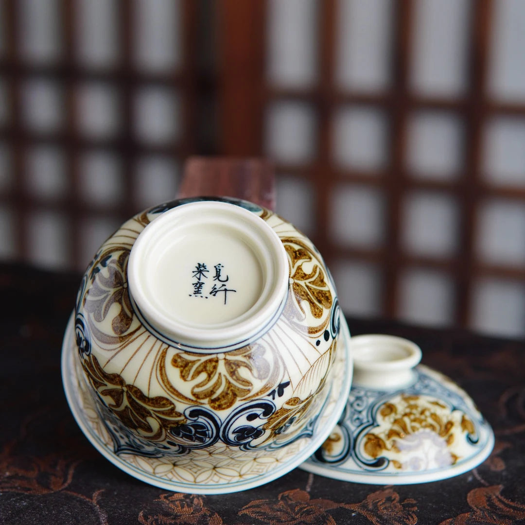 Hand-Painted Underglaze Gold "Copper Coin" Lotus Gaiwan Set 100ml