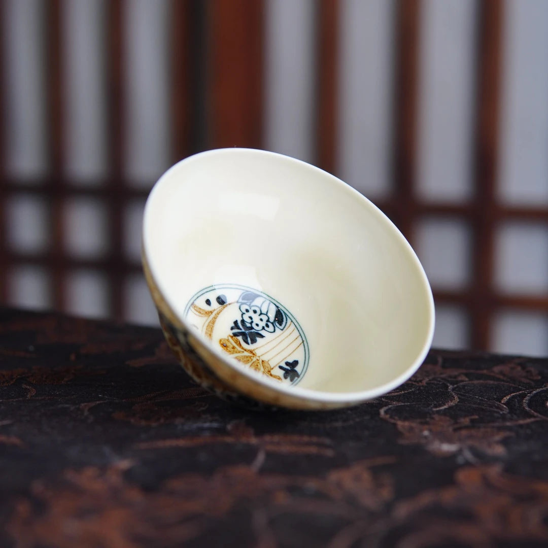 Hand-Painted Underglaze Gold "Copper Coin" Lotus Gaiwan Set 100ml