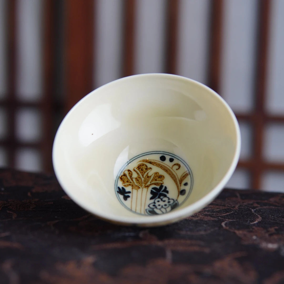 Hand-Painted Underglaze Gold "Copper Coin" Lotus Gaiwan Set 100ml