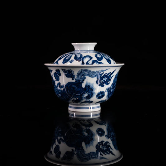 Hand-Painted "Dancing Lion" Blue & White Porcelain Wood-Fired Gaiwan 130ml
