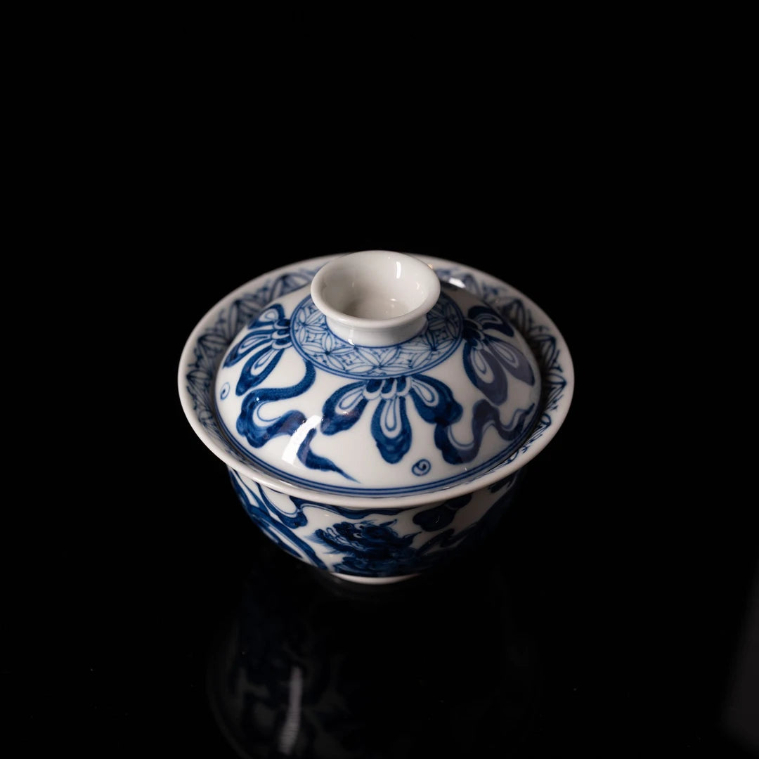 Hand-Painted "Dancing Lion" Blue & White Porcelain Wood-Fired Gaiwan 130ml