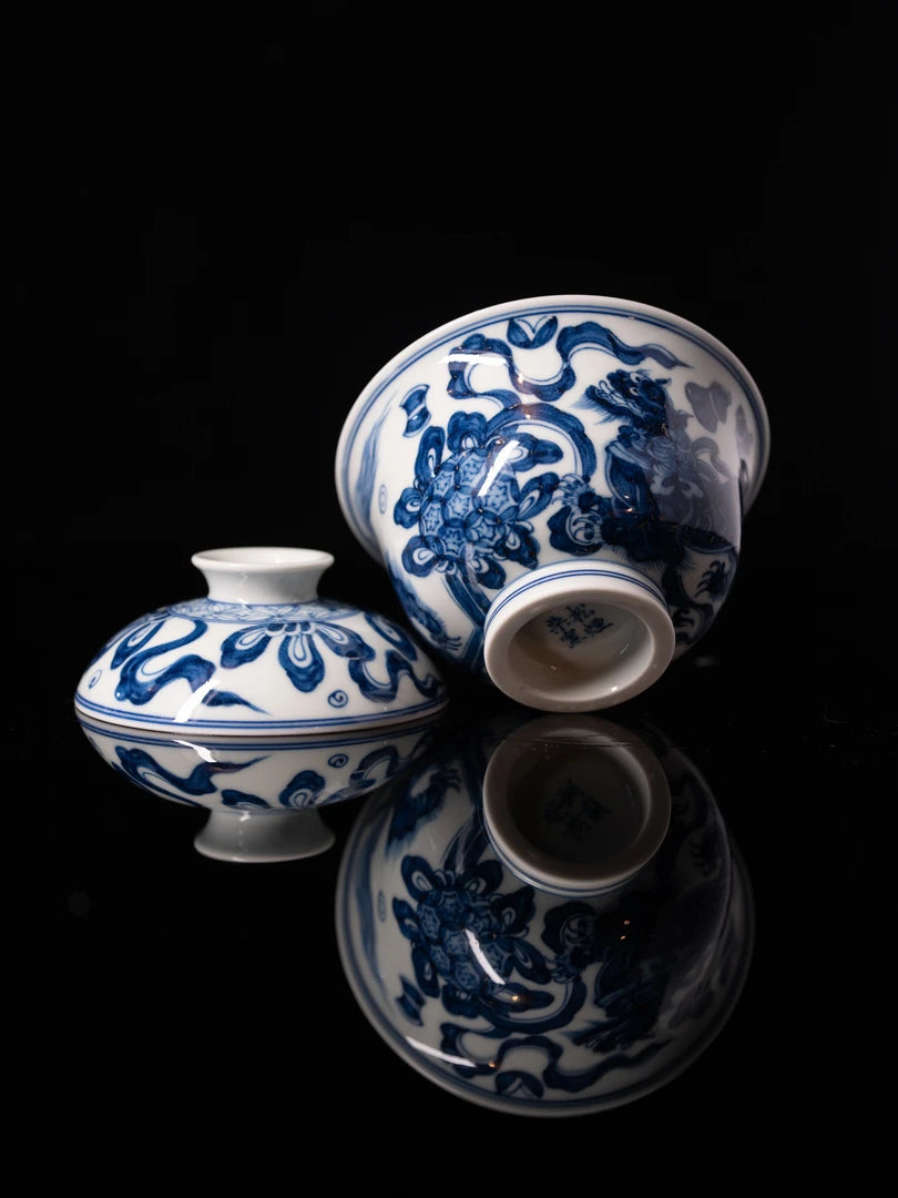 Hand-Painted "Dancing Lion" Blue & White Porcelain Wood-Fired Gaiwan 130ml