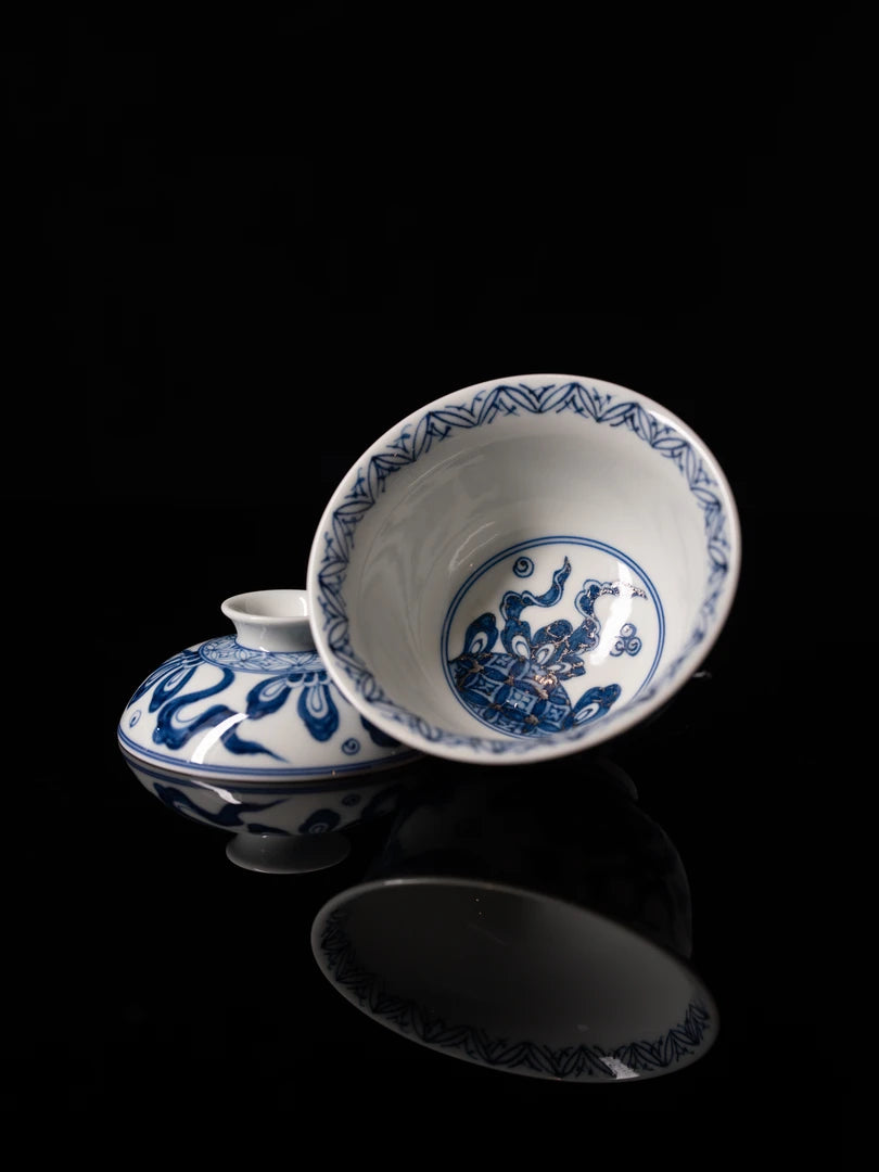 Hand-Painted "Dancing Lion" Blue & White Porcelain Wood-Fired Gaiwan 130ml