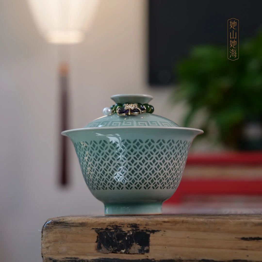 Longquan Celadon Handcrafted Linglong Pierced Gaiwan
