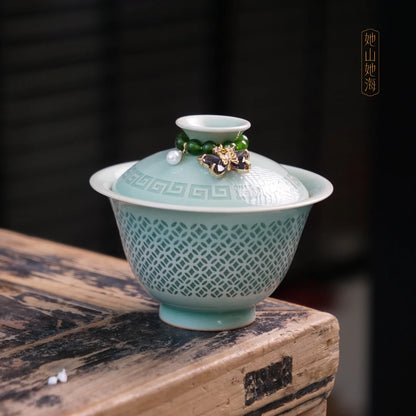 Longquan Celadon Handcrafted Linglong Pierced Gaiwan