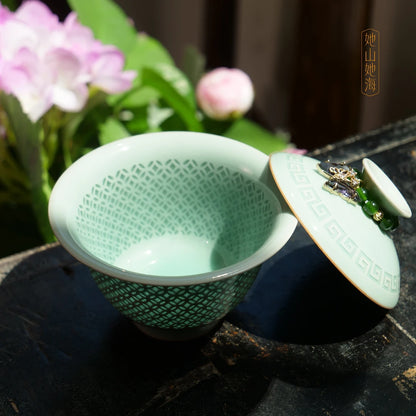 Longquan Celadon Handcrafted Linglong Pierced Gaiwan