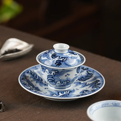 Jingdezhen Hand-Painted Ming-Style Blue-and-White Wave Pattern Gaiwan 140ml