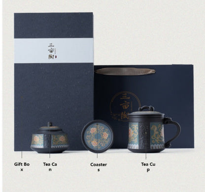 Tasse à thé en argile violette à motif lotus royal + boîte à thé