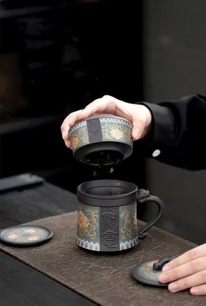 Tasse à thé en argile violette à motif lotus royal + boîte à thé