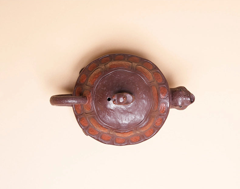 Yixing Zisha Handmade “Longevity Turtle” Teapot with Jade Rabbit Lid