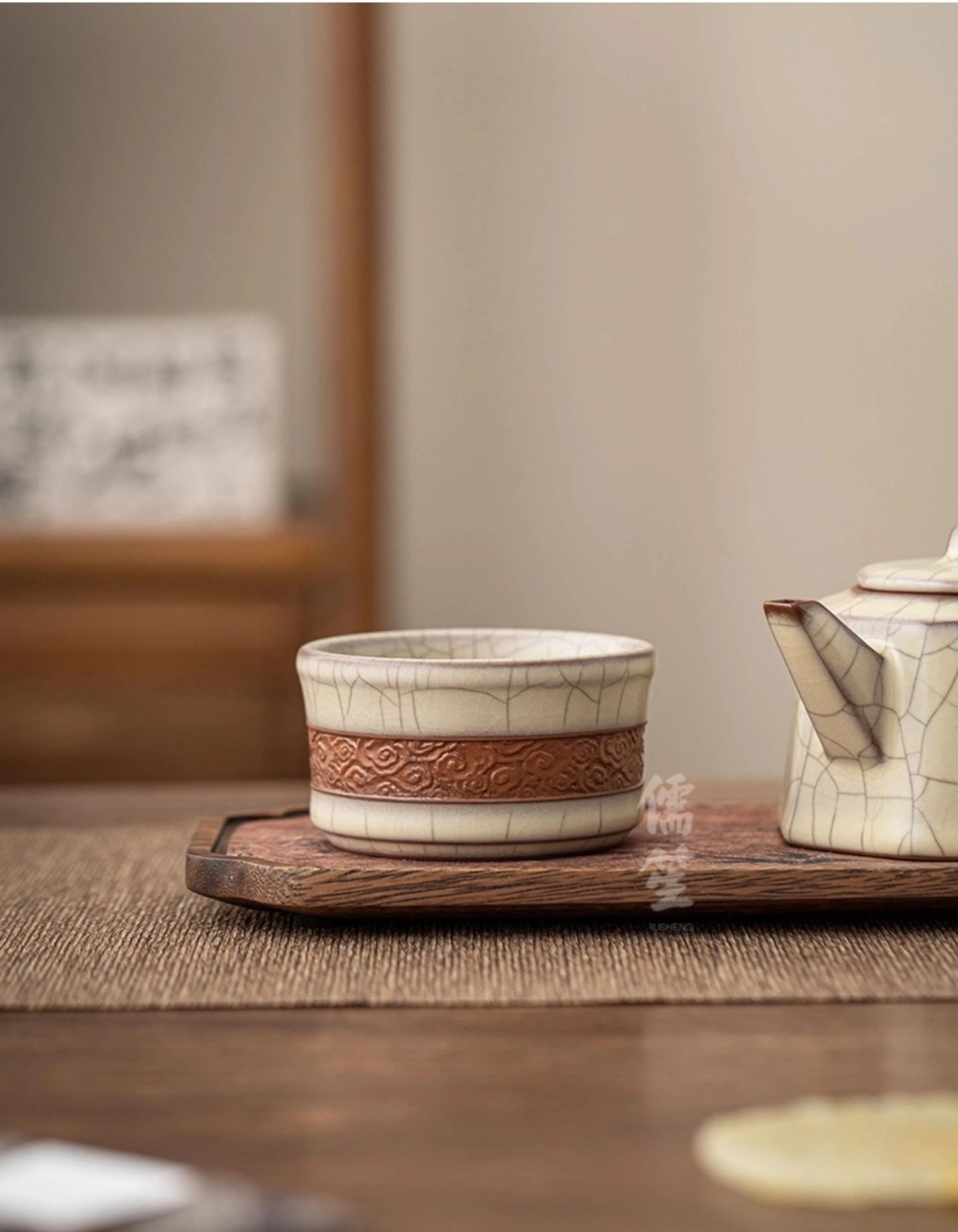 Longquan Celadon Ge Kiln Crackle Carved Hand Teacup