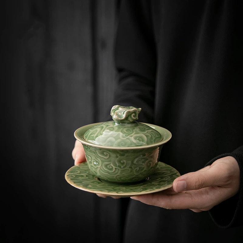 Longquan Celadon Gaiwan with Auspicious Cloud Relief