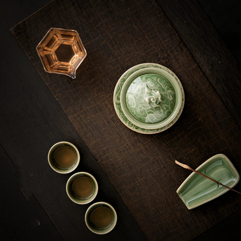 Longquan Celadon Gaiwan with Auspicious Cloud Relief