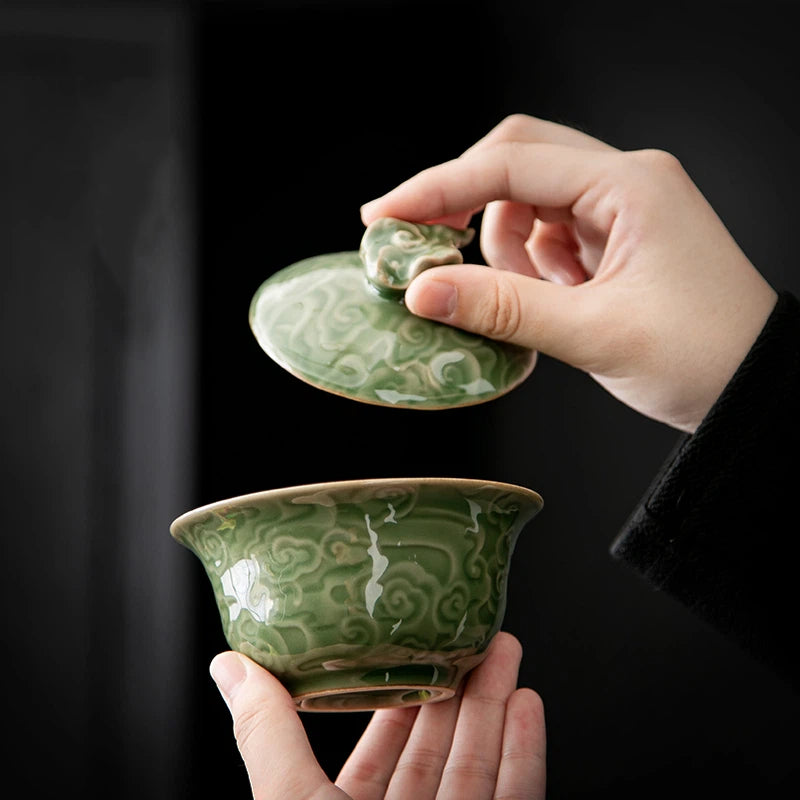 Longquan Celadon Gaiwan with Auspicious Cloud Relief