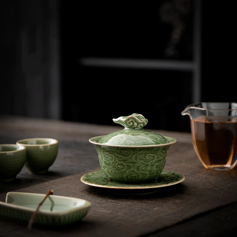 Longquan Celadon Gaiwan with Auspicious Cloud Relief