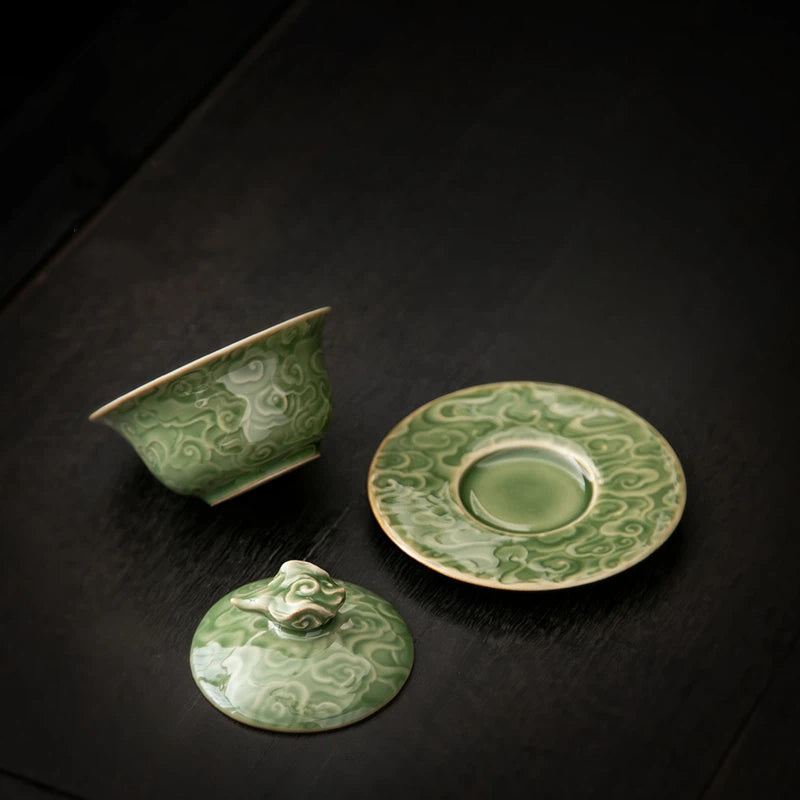Longquan Celadon Gaiwan with Auspicious Cloud Relief