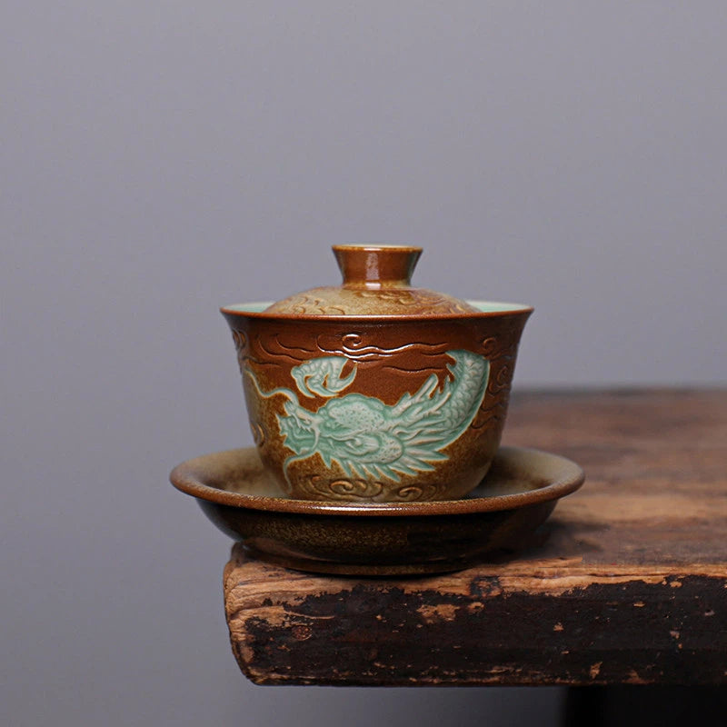 Handmade Longquan Celadon Gaiwan with Plum Green Glaze