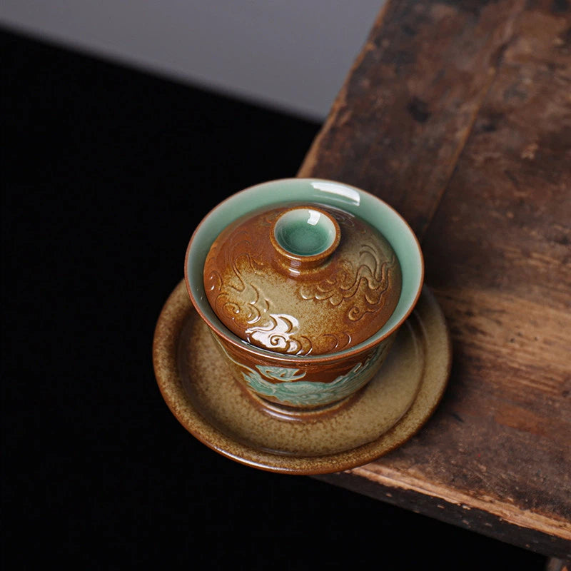 Authentic Meiziqing Celadon Teaware - Dragon Pattern Gaiwan