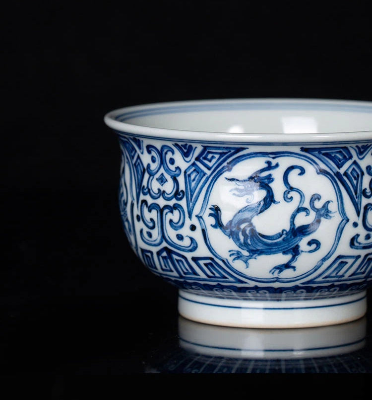 Four Guardians Hand-Painted Blue & White Porcelain Teacup 135ml