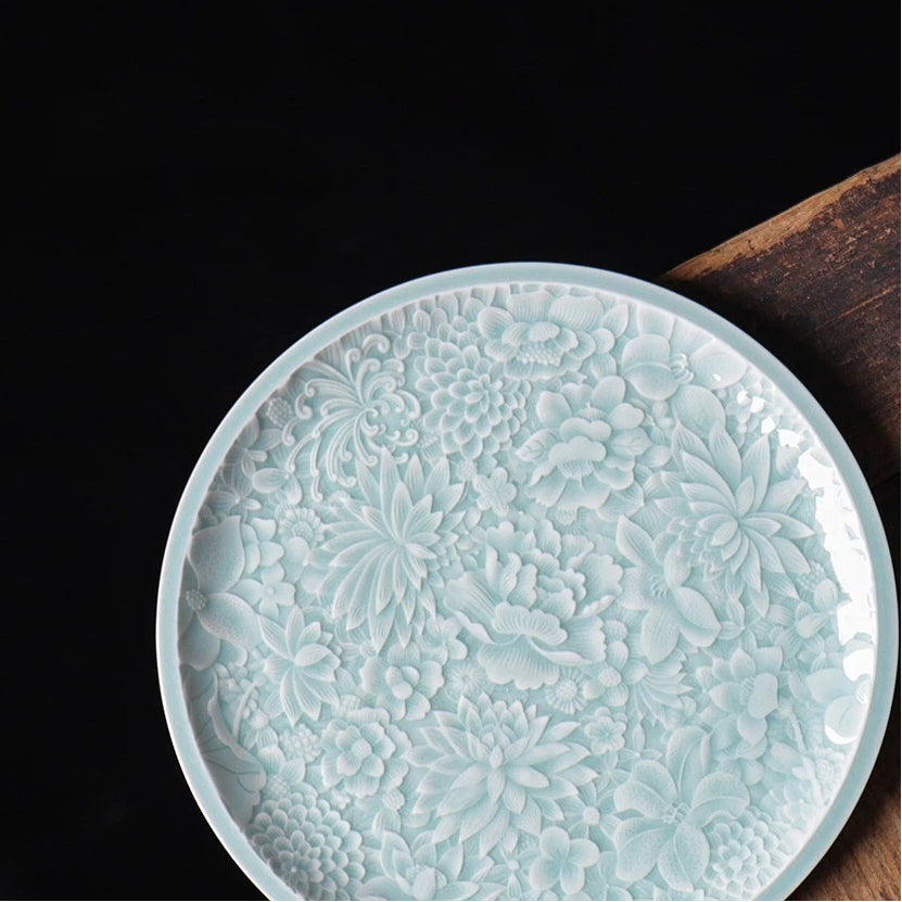 Longquan Celadon Hand-Carved Floral Porcelain Tea Tray