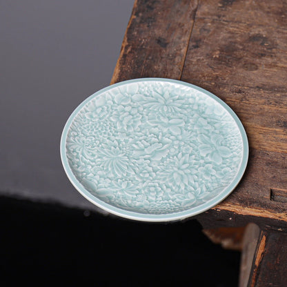 Longquan Celadon Hand-Carved Floral Porcelain Tea Tray