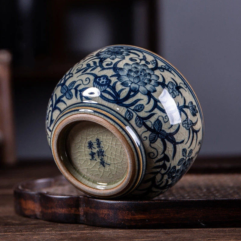 Blue and White Porcelain Underglaze Hand-Painted Intertwined Lotus Teacup 130ml