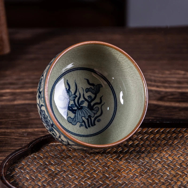 Blue and White Porcelain Underglaze Hand-Painted Intertwined Lotus Teacup 130ml