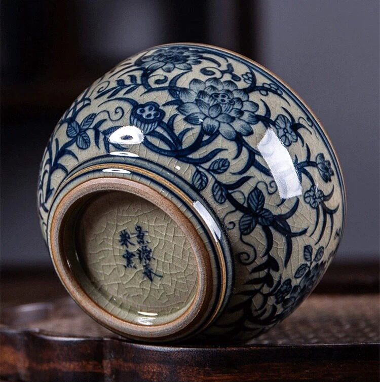 Blue and White Porcelain Underglaze Hand-Painted Intertwined Lotus Teacup 130ml