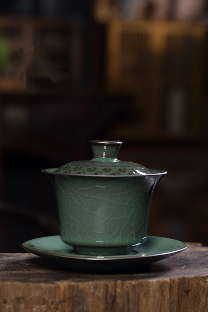 Longquan Celadon "Ge" Kiln Iron-Clay Ice-Crackle Sancai Gaiwan 240ml