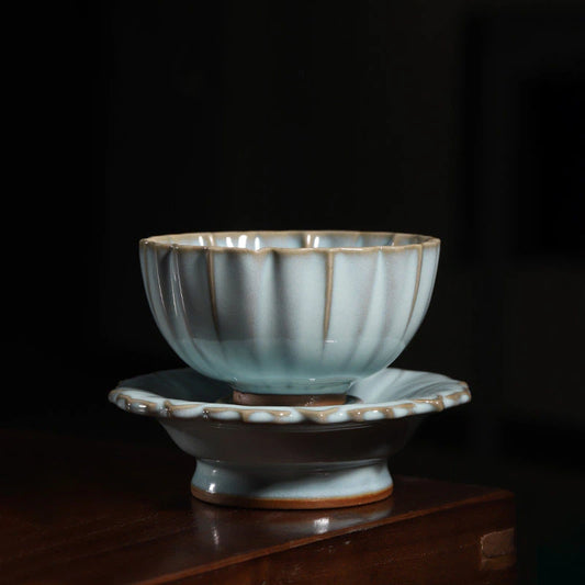 Jun Ware Fluted Chrysanthemum Tea Bowl with Pedestal Saucer Set 150ml