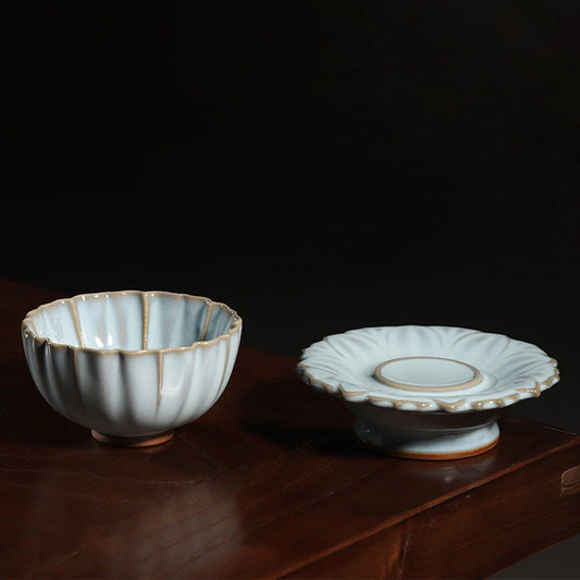 Jun Ware Fluted Chrysanthemum Tea Bowl with Pedestal Saucer Set 150ml