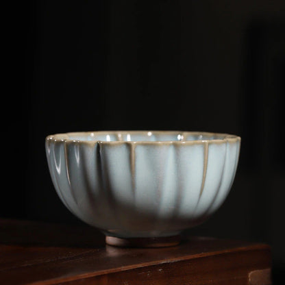 Jun Ware Fluted Chrysanthemum Tea Bowl with Pedestal Saucer Set 150ml