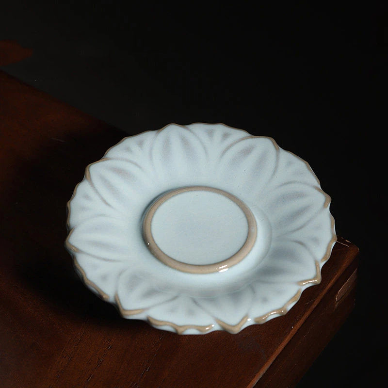 Jun Ware Fluted Chrysanthemum Tea Bowl with Pedestal Saucer Set 150ml