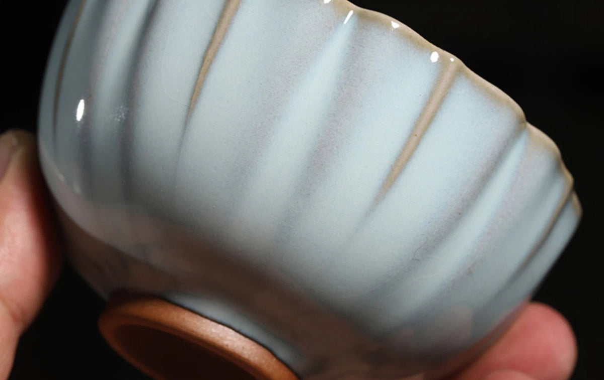 Jun Ware Fluted Chrysanthemum Tea Bowl with Pedestal Saucer Set 150ml
