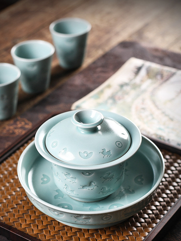 Longquan Celadon Hand-Carved  "Horse & Wealth" Gaiwan 150ml