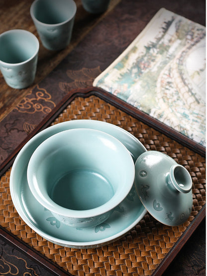 Longquan Celadon Hand-Carved  "Horse & Wealth" Gaiwan 150ml