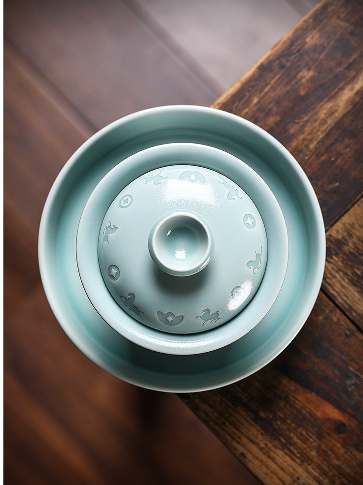 Longquan Celadon Hand-Carved  "Horse & Wealth" Gaiwan 150ml