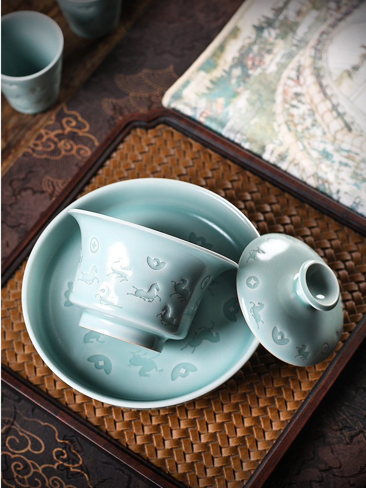 Longquan Celadon Hand-Carved  "Horse & Wealth" Gaiwan 150ml