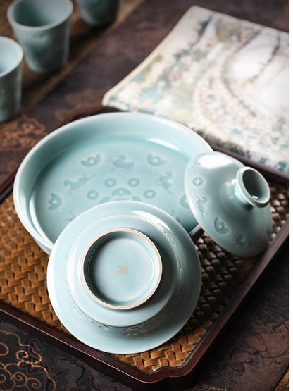 Longquan Celadon Hand-Carved  "Horse & Wealth" Gaiwan 150ml