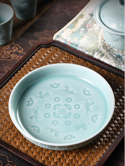Longquan Celadon Hand-Carved  "Horse & Wealth" Gaiwan 150ml