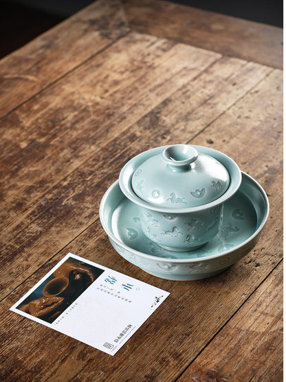 Longquan Celadon Hand-Carved  "Horse & Wealth" Gaiwan 150ml