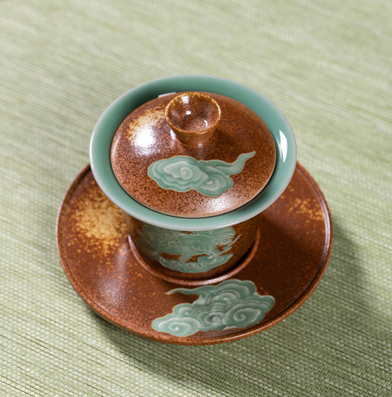 Longquan Celadon Wood-Ash Glaze Pixiu Relief Gaiwan 160ml