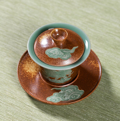 Longquan Celadon Wood-Ash Glaze Pixiu Relief Gaiwan 160ml