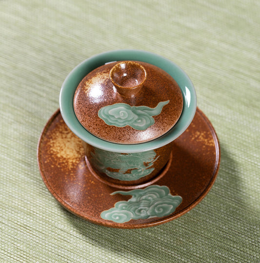 Longquan Celadon Wood-Ash Glaze Pixiu Relief Gaiwan 160ml
