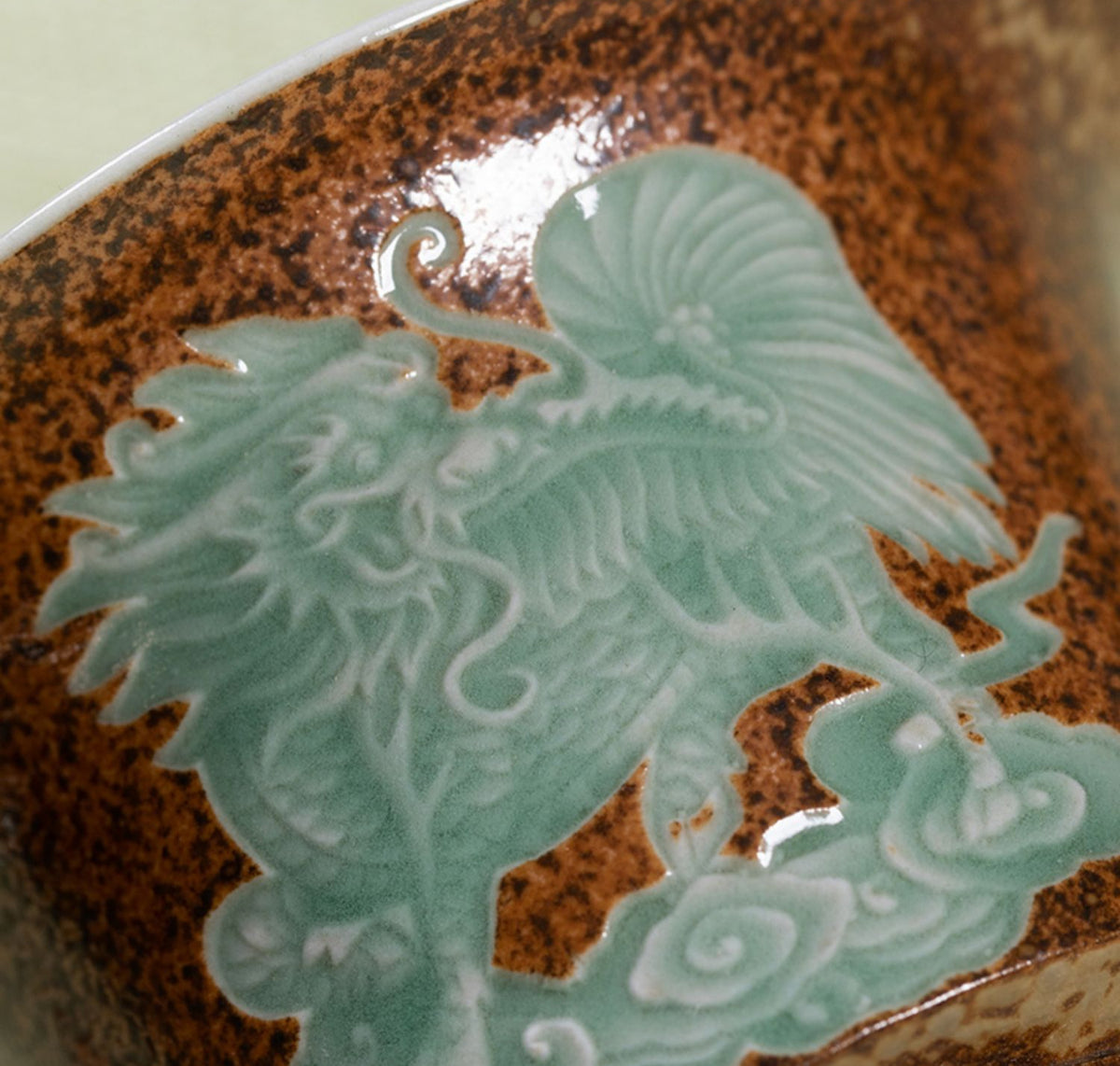 Longquan Celadon Wood-Ash Glaze Pixiu Relief Gaiwan 160ml