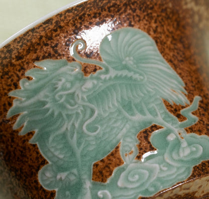 Longquan Celadon Wood-Ash Glaze Pixiu Relief Gaiwan 160ml