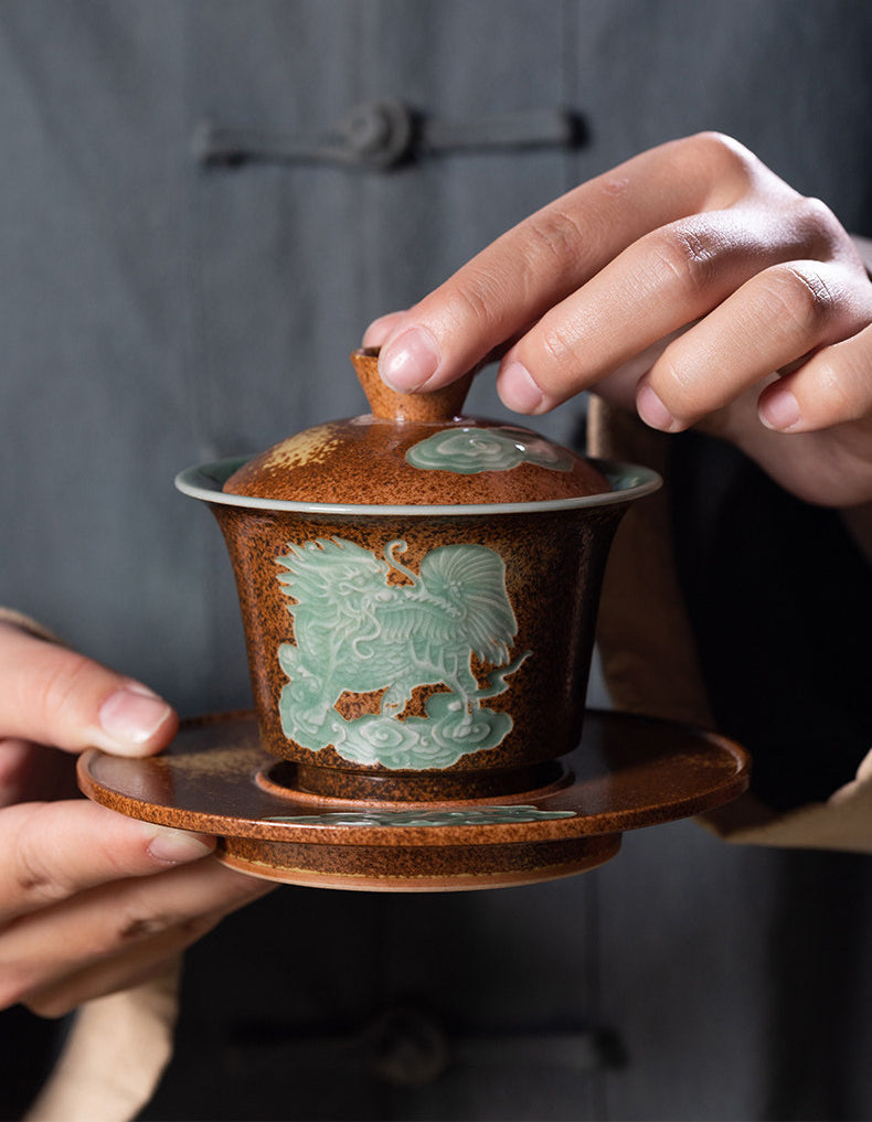 Longquan Celadon Wood-Ash Glaze Pixiu Relief Gaiwan 160ml
